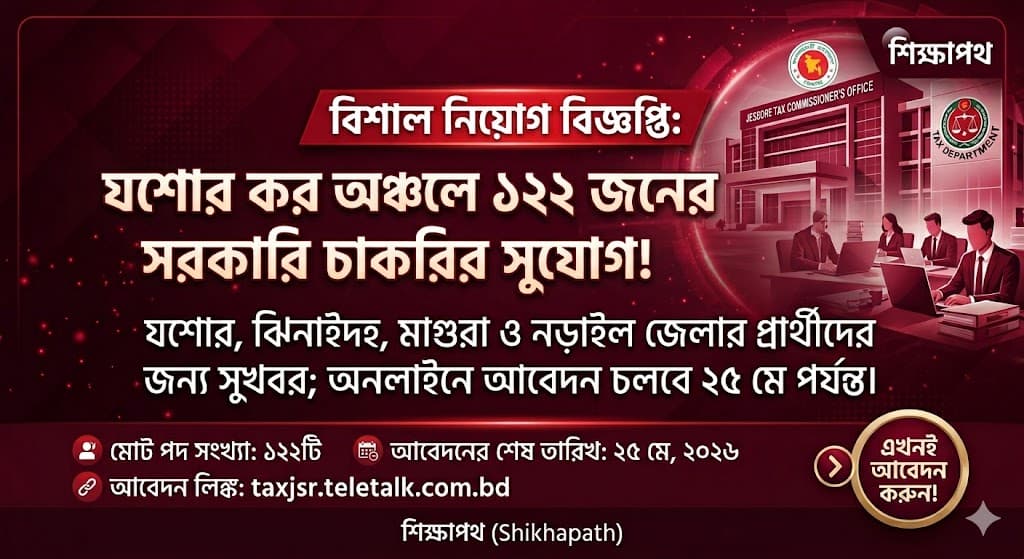 বিশাল নিয়োগ বিজ্ঞপ্তি: যশোর কর অঞ্চলে ১২২ জনের সরকারি চাকরির সুযোগ!